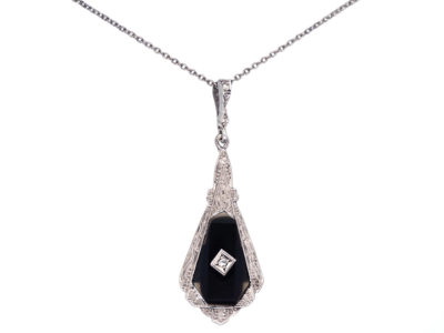 Art Deco Silver, Onyx & Diamond Pendant on a Silver Chain