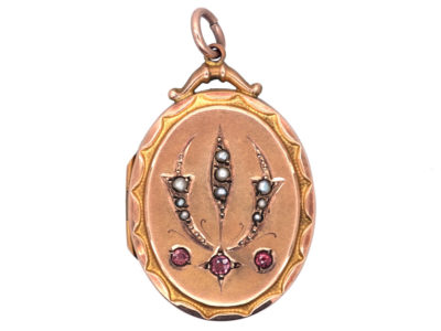 Edwardian 9ct Gold Back & Front Locket with Pearl & Garnet Motif