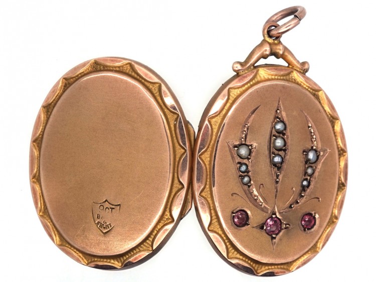 Edwardian 9ct Gold Back & Front Locket with Pearl & Garnet Motif