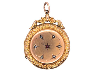 Edwardian Round 9ct Back & Front Locket with Garnet & Pearl Detail