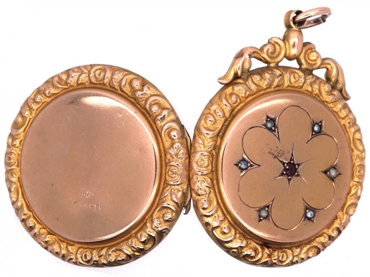 Edwardian Round 9ct Back & Front Locket with Garnet & Pearl Detail