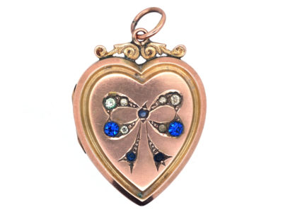 Edwardian 9ct Gold Back & front Heart Locket with Paste Set Bow Motif