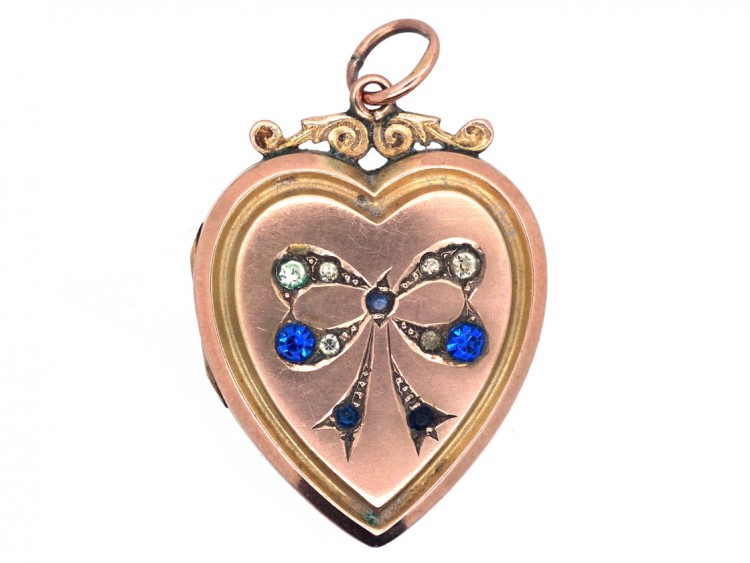 Edwardian 9ct Gold Back & front Heart Locket with Paste Set Bow Motif