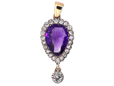 Edwardian Amethyst & Diamond Pear Shaped Pendant with Diamond Drop