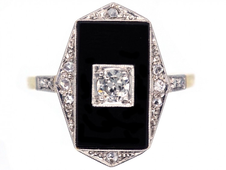 Art Deco 18ct Gold & Platinum, Onyx & Diamond Rectangular Ring