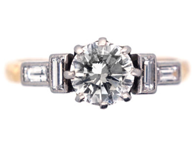 Art Deco Solitaire Diamond Ring with Baguette Diamond Shoulders