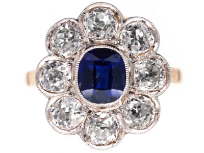 Edwardian 18ct Gold & Platinum, Large Sapphire & Diamond Cluster Ring