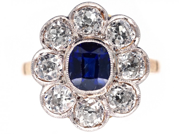 Edwardian 18ct Gold & Platinum, Large Sapphire & Diamond Cluster Ring