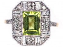 Art Deco 18ct Gold & Platinum, Rectangular Peridot & Diamond Ring