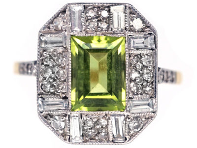 Art Deco 18ct Gold & Platinum, Rectangular Peridot & Diamond Ring
