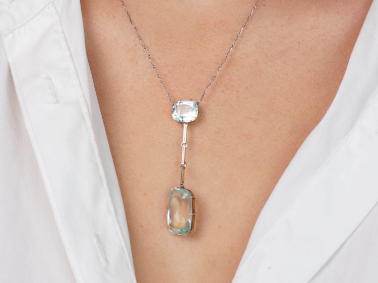 Art Deco Two Stone Aquamarine Drop Pendant on Chain