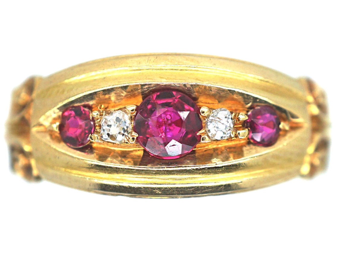 Edwardian 18ct Gold, Ruby and Diamond Boat Shaped Scroll Design Ring ...