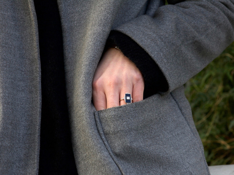 Art Deco 18ct Gold & Platinum, Onyx & Diamond Rectangular Ring