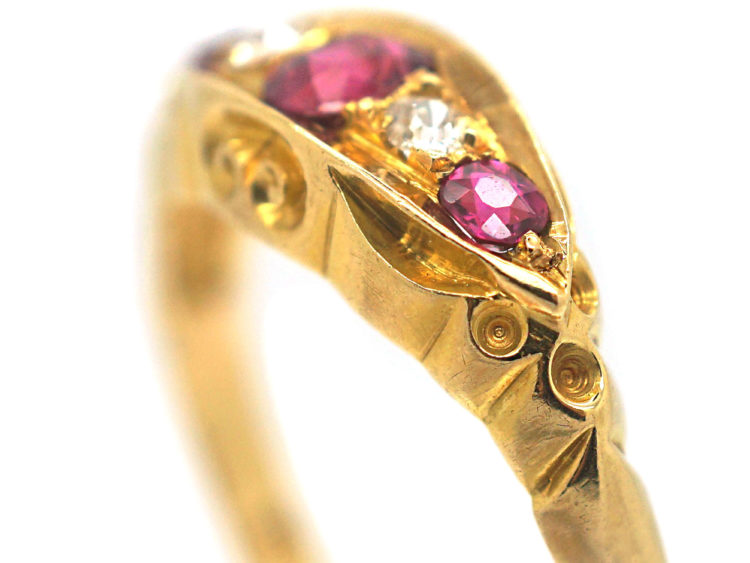 Edwardian 18ct Gold, Ruby and Diamond Boat Shaped Ring