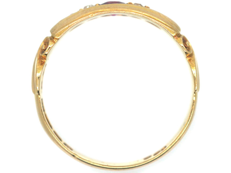 Edwardian 18ct Gold, Ruby and Diamond Boat Shaped Scroll Design Ring