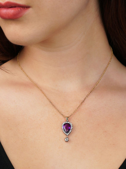 Edwardian Amethyst & Diamond Pear Shaped Pendant with Diamond Drop