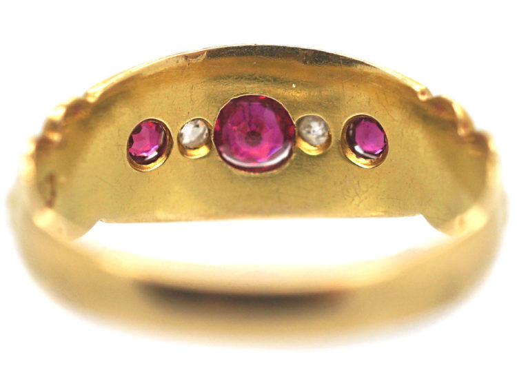 Edwardian 18ct Gold, Ruby and Diamond Boat Shaped Scroll Design Ring