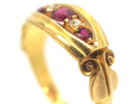 Edwardian 18ct Gold, Ruby and Diamond Boat Shaped Scroll Design Ring