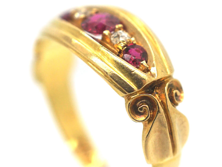 Edwardian 18ct Gold, Ruby and Diamond Boat Shaped Scroll Design Ring