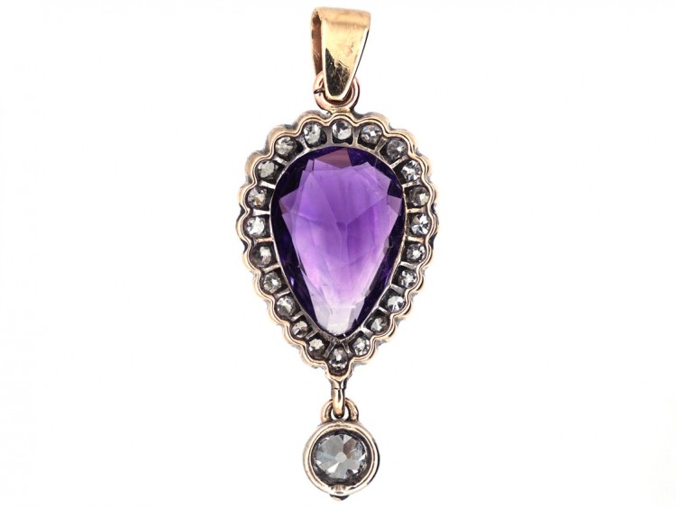 Edwardian Amethyst & Diamond Pear Shaped Pendant with Diamond Drop
