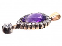 Edwardian Amethyst & Diamond Pear Shaped Pendant with Diamond Drop