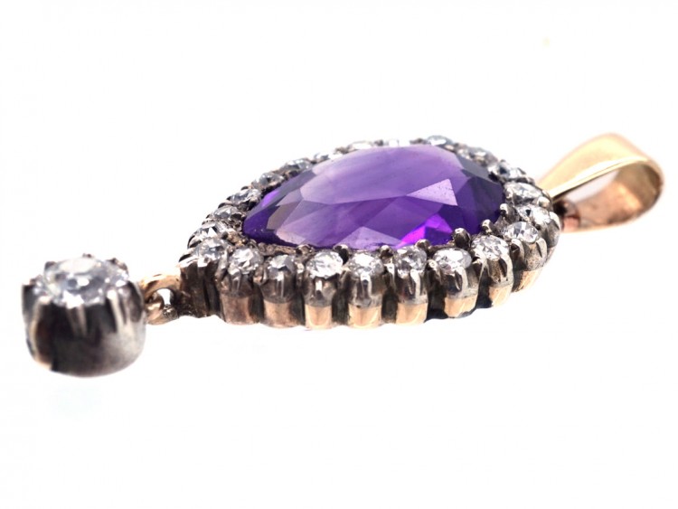 Edwardian Amethyst & Diamond Pear Shaped Pendant with Diamond Drop