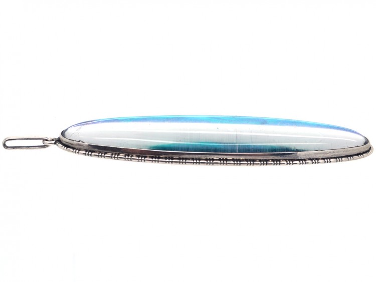 Art Deco Silver & Butterfly Wing Long Oval Pendant