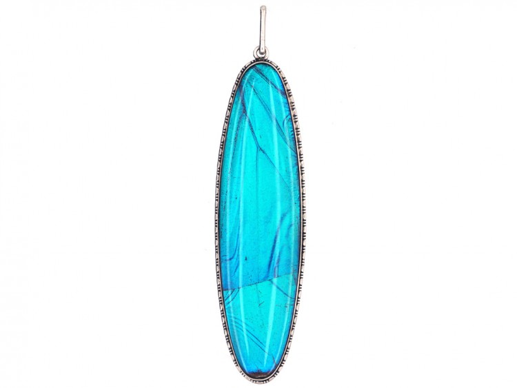 Art Deco Silver & Butterfly Wing Long Oval Pendant
