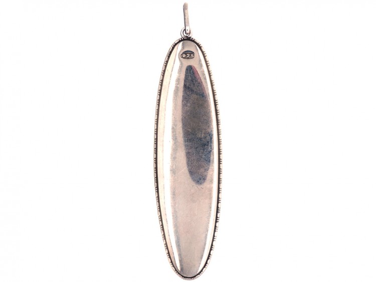 Art Deco Silver & Butterfly Wing Long Oval Pendant