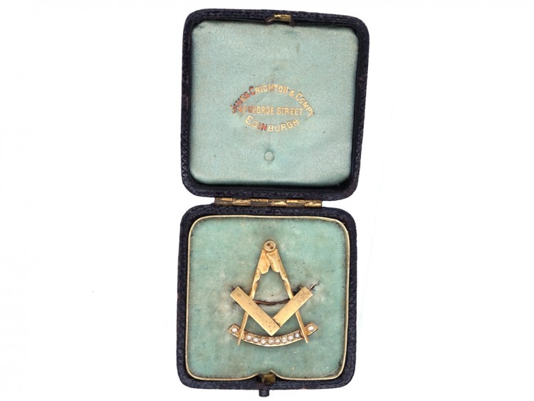Victorian 15ct Gold & Natural Split Pearl Masonic Brooch in Original Case