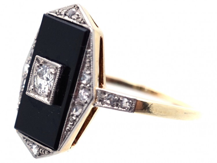 Art Deco 18ct Gold & Platinum, Onyx & Diamond Rectangular Ring