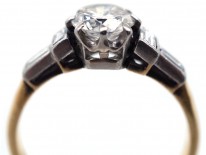 Art Deco Solitaire Diamond Ring with Baguette Diamond Shoulders