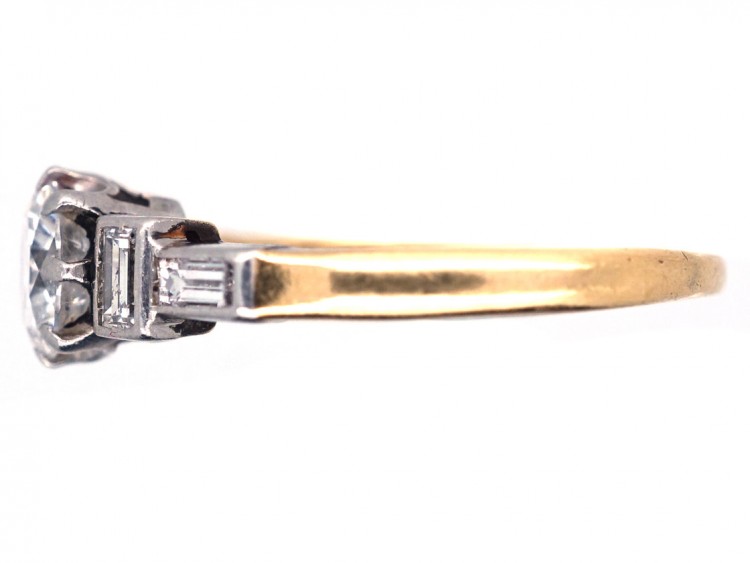 Art Deco Solitaire Diamond Ring with Baguette Diamond Shoulders