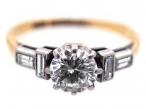 Art Deco Solitaire Diamond Ring with Baguette Diamond Shoulders