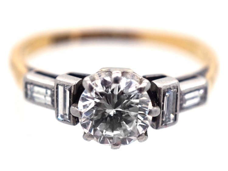 Art Deco Solitaire Diamond Ring with Baguette Diamond Shoulders
