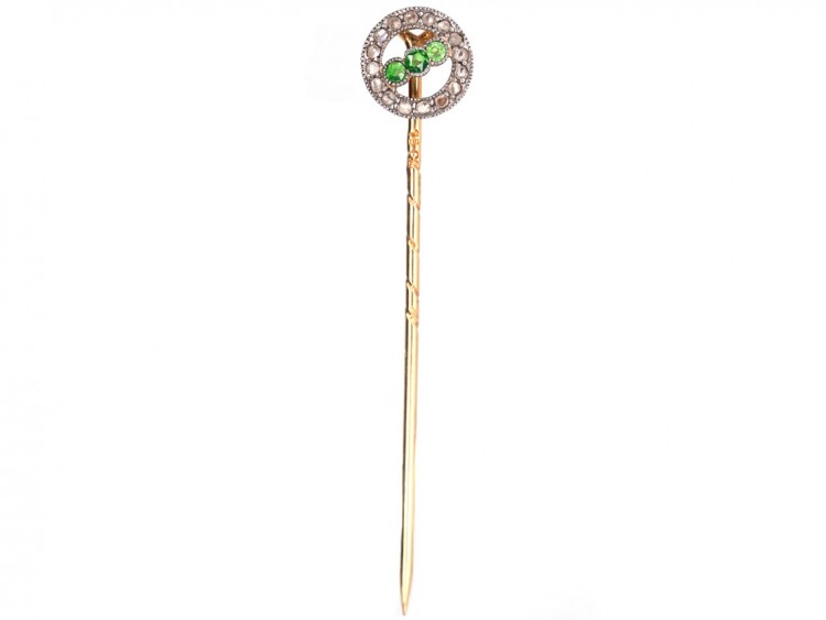 Edwardian 15ct Gold, Green Garnet ​& Rose Diamond Circle Tie Pin
