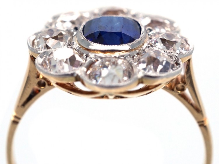 Edwardian 18ct Gold & Platinum, Large Sapphire & Diamond Cluster Ring