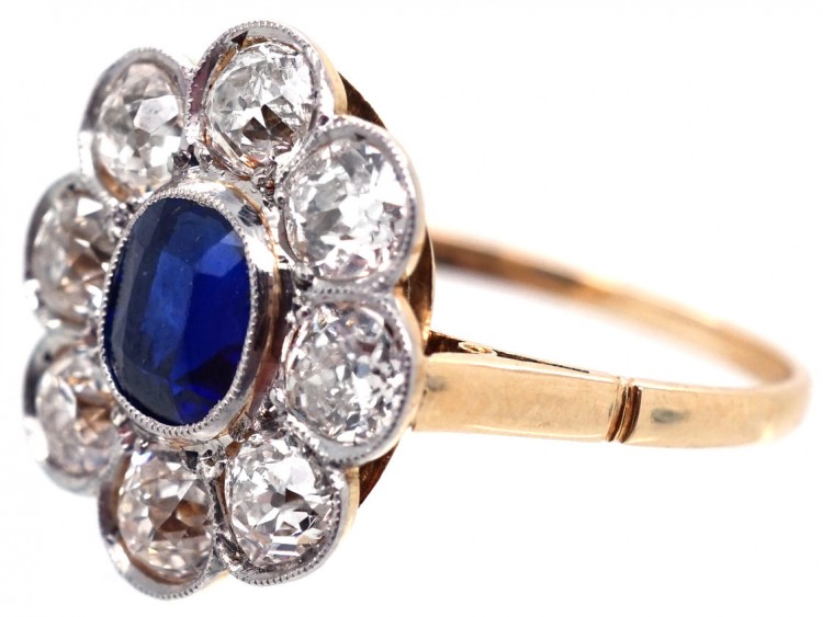 Edwardian 18ct Gold & Platinum, Large Sapphire & Diamond Cluster Ring