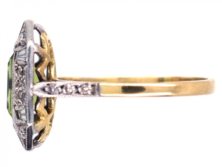 Art Deco 18ct Gold & Platinum, Rectangular Peridot & Diamond Ring