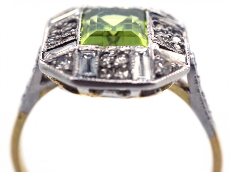 Art Deco 18ct Gold & Platinum, Rectangular Peridot & Diamond Ring