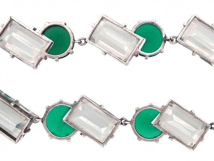 Art Deco Silver, Rock Crystal & Green Chalcedony Necklace