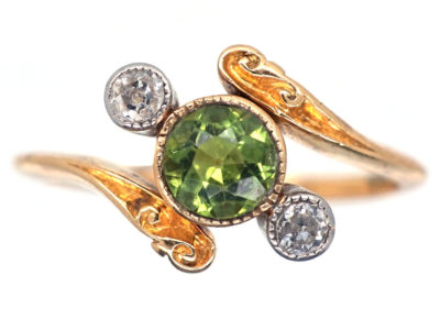 Edwardian 18ct Gold, Peridot & Diamond Crossover Ring