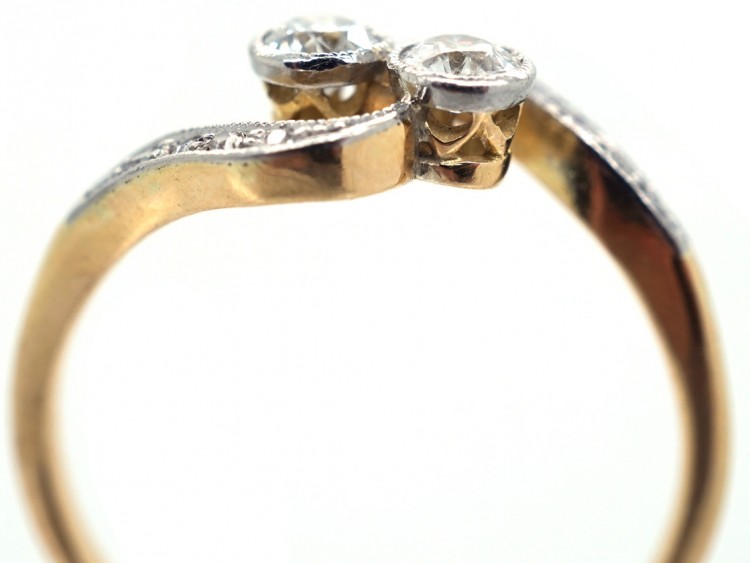 Edwardian 18ct Gold & Platinum, Two Stone Diamond Crossover Ring