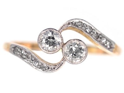 Edwardian 18ct Gold & Platinum, Two Stone Diamond Crossover Ring