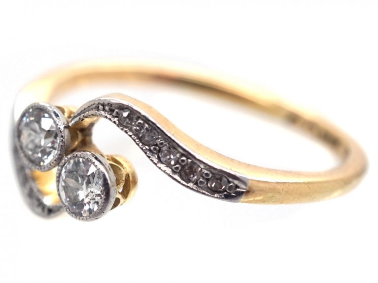 Edwardian 18ct Gold & Platinum, Two Stone Diamond Crossover Ring
