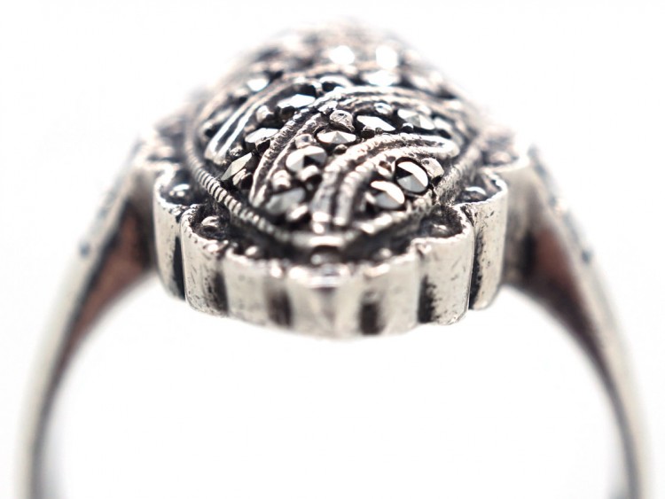 Art Deco Oval Swirl Design Silver & Marcasite Ring