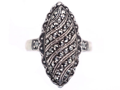Art Deco Oval Swirl Design Silver & Marcasite Ring