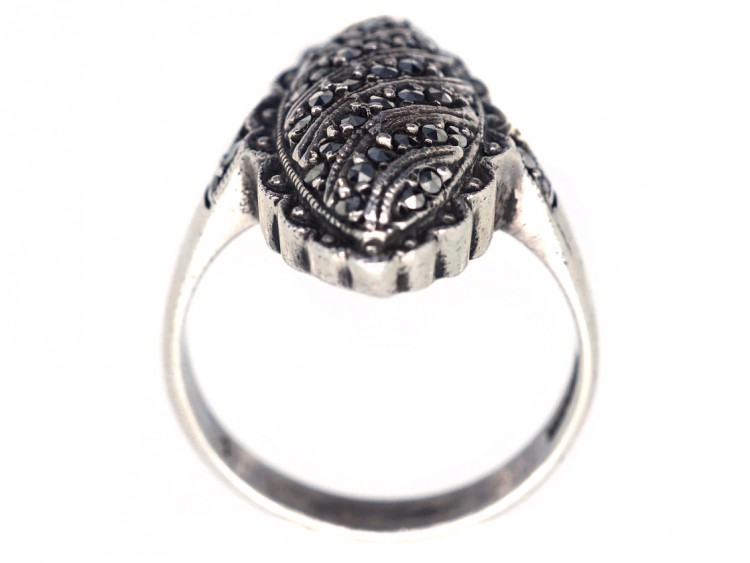 Art Deco Oval Swirl Design Silver & Marcasite Ring