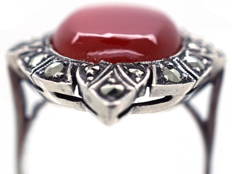 Art Deco Silver, Carnelian & Marcasite Ring