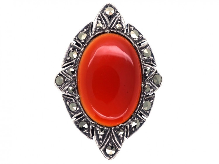 Art Deco Silver, Carnelian & Marcasite Ring